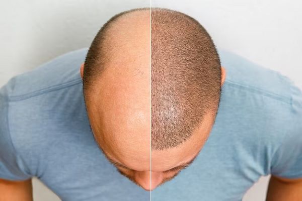 Tête d'un homme chauve avant et après une greffe de cheveux.