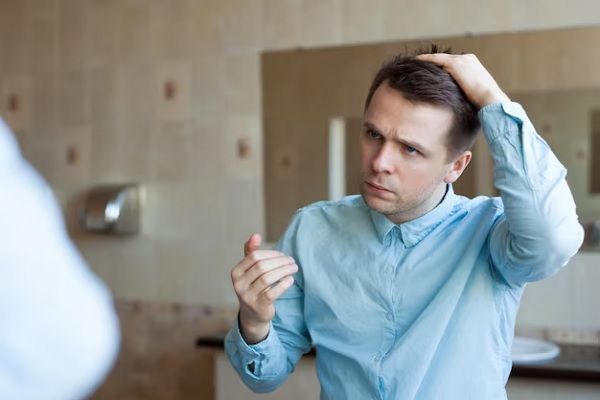 un jeune homme en chemise bleue ajuste ses cheveux devant le miroir.