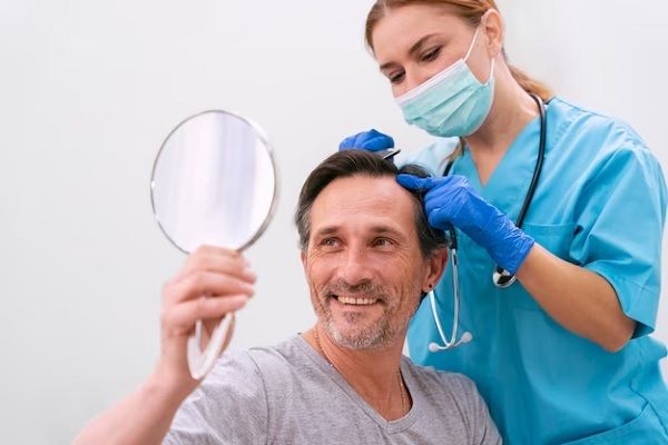 Homme se regardant dans un miroir alors qu'un spécialiste vérifie son cuir chevelu 