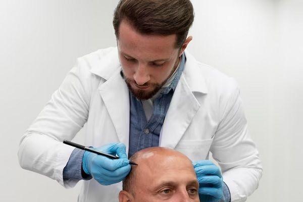 Un spécialiste vérifie le cuir chevelu d'un homme 