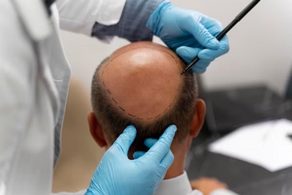 homme mûr passant par un processus d'extraction d'unité folliculaire. Greffes de cheveux des célébrités
