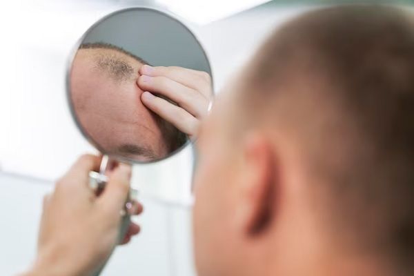 Homme d'âge mûr ayant des problèmes de calvitie se regardant dans le miroir. l'alopécie androgénétique 