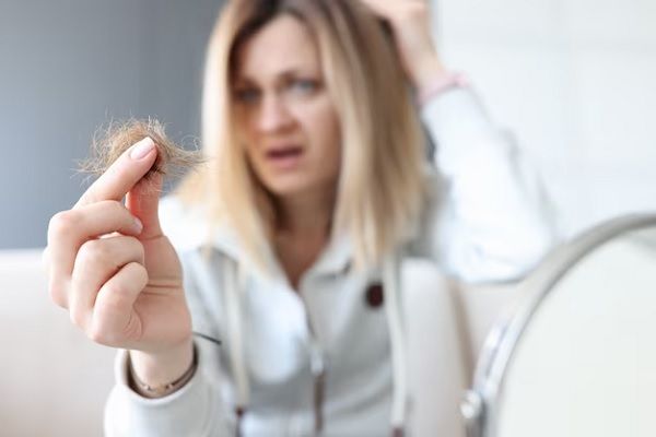 Une femme frustrée tient un chignon de cheveux dans sa main.