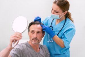Homme adulte recevant un traitement contre la perte de cheveux