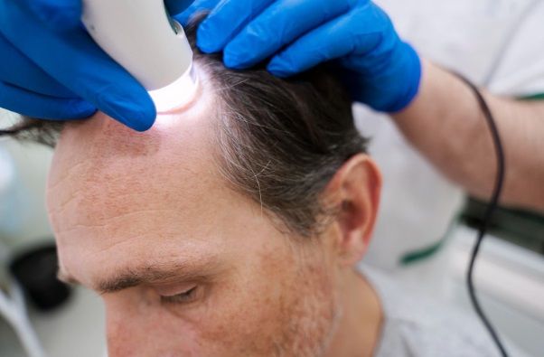 Homme recevant un traitement contre la perte de cheveux, Thérapie capillaire laser pour la perte des cheveux