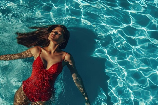 Femme tranquille flottant dans une piscine