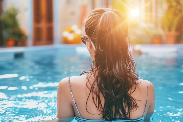 Une femme aux cheveux longs est assise dans une piscine