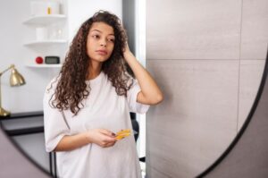 Plan moyen d'une femme se regardant dans le miroir