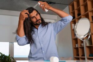 Plan moyen d'un homme utilisant un shampooing sec à la maison