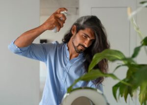 Plan moyen d'un homme utilisant un shampooing sec à la maison