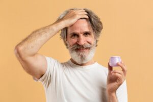 Vue de face d'un homme barbu plus âgé tenant du gel capillaire.