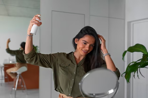 Femme de plan moyen utilisant du shampoing sec à la maison