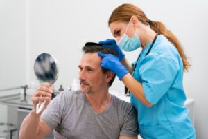 Homme adulte recevant un traitement contre la perte de cheveux, prothèse capillaire FAS