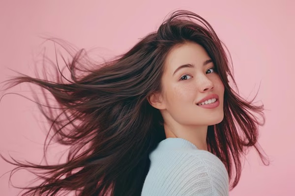 Femme montre des cheveux sains sur fond pastel dans un style de vie de beauté en studio