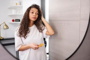 Plan moyen d'une femme se regardant dans le miroir, Comment traiter l'alopécie causée par les cheveux gras