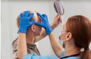 Homme adulte ayant des problèmes de calvitie, période postopératoire après une greffe de cheveux