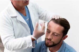 Homme adulte effectuant une extraction d'unité folliculaire, période postopératoire après une greffe de cheveux