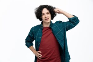 Jeune homme confus regardant l'appareil photo en se touchant la tête tout en tenant une autre main sur la taille, isolé sur fond blanc.