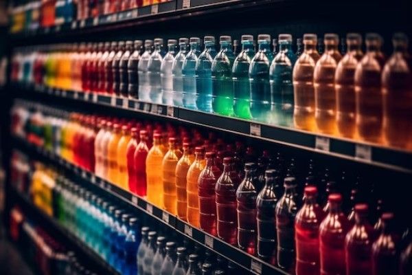 allée de supermarché avec des étagères pleines de bouteilles de soda de différentes saveurs