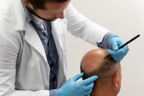 Homme mûr subissant un processus d'extraction d'unité folliculaire