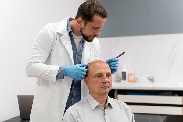 Homme passant par un processus d’extraction d’unités folliculaires.Licence médicale pour effectuer une greffe de cheveux