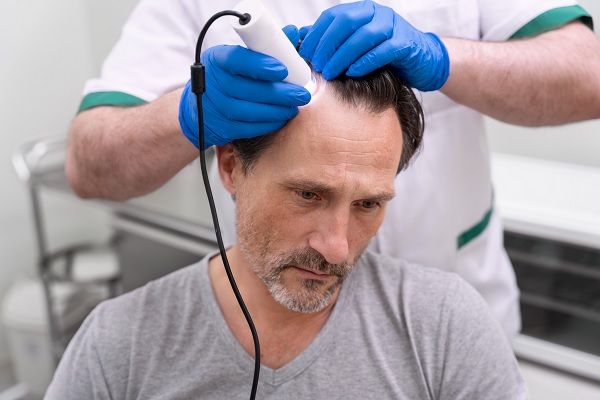 Homme passant par un processus d’extraction d’unités folliculaires.Licence médicale pour effectuer une greffe de cheveux
