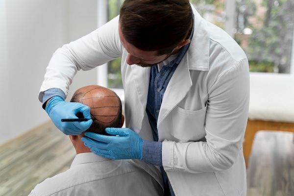 Homme passant par un processus d’extraction d’unités folliculaires.Licence médicale pour effectuer une greffe de cheveux