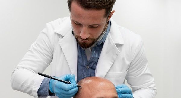 Homme passant par un processus d’extraction d’unités folliculaires.Licence médicale pour effectuer une greffe de cheveux