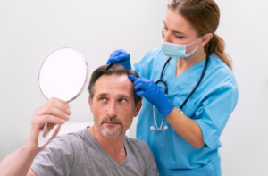 Homme adulte recevant un traitement contre la perte de cheveux, Résultats de la greffe de cheveux