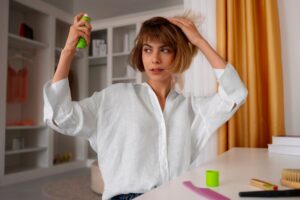 Plan moyen d'une femme utilisant un shampooing sec à la maison. débarrasser des pellicules chez les femmes