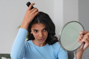 Plan moyen d'une femme utilisant un shampooing sec à la maison. Le psoriasis capillaire 